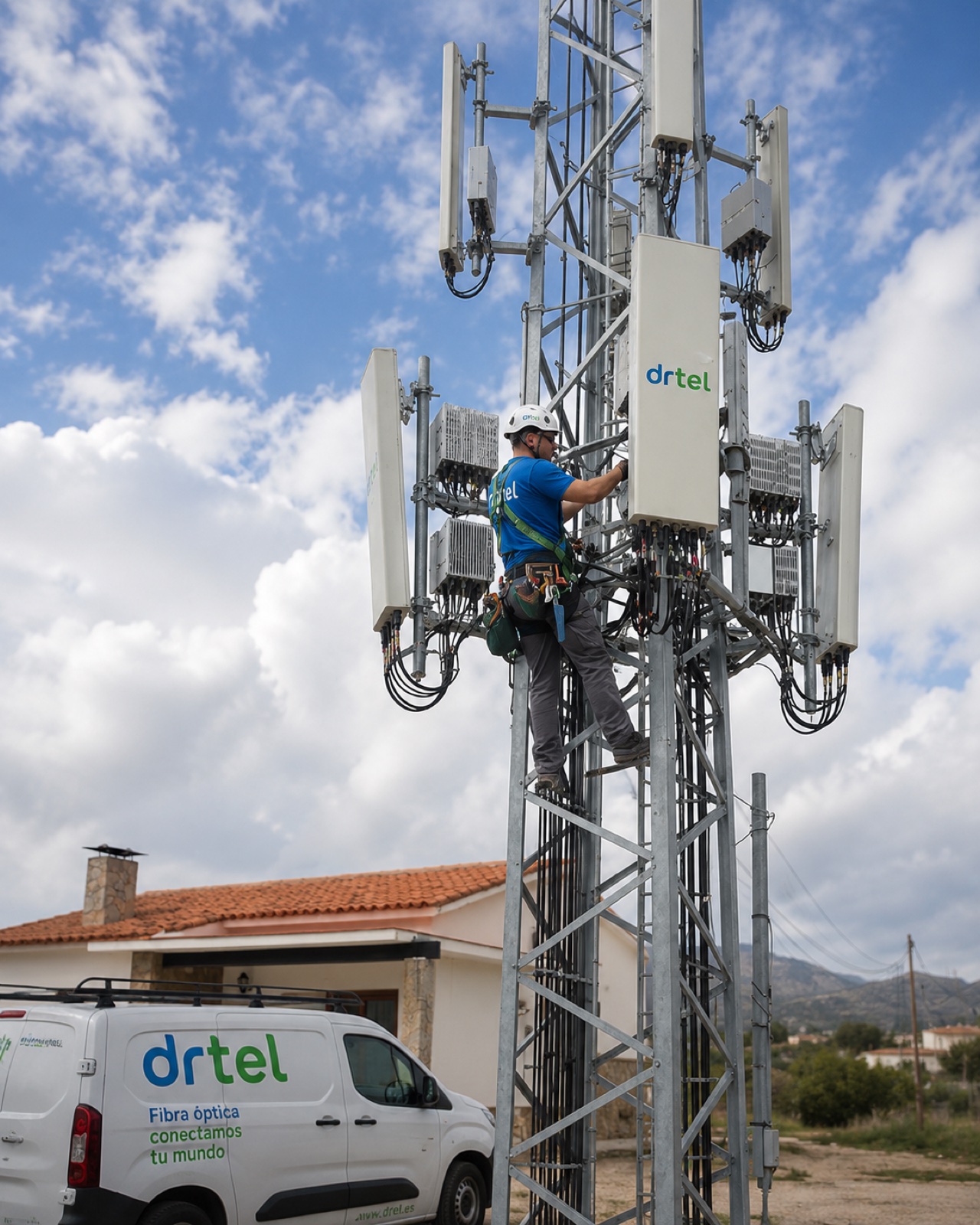 Emplazamiento de red móvil con antenas 4G/5G en torre.